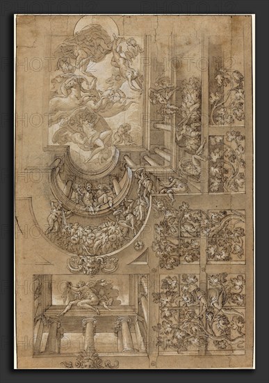 Italian 16th Century, Illusionistic Ceiling with a Grape Arbor, Figures Poised on Galleries, and a Central Scene of Olympian Gods, c. 1570-1580, pen and brown ink with brown wash
