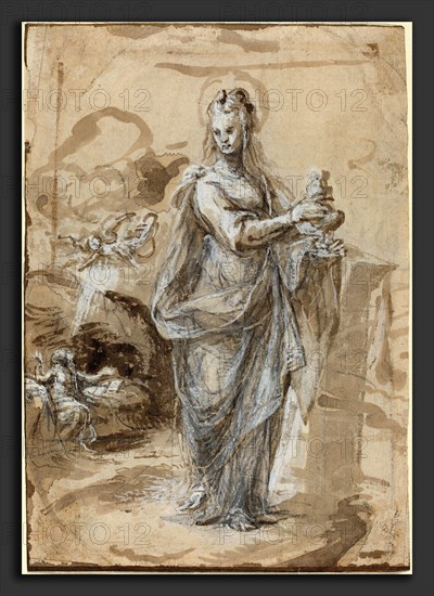 Biagio Pupini (Italian, active 1511 - 1551), Mary Magdalene [recto], in or after 1524, brush and brown ink with brown wash heightened in white over black chalk