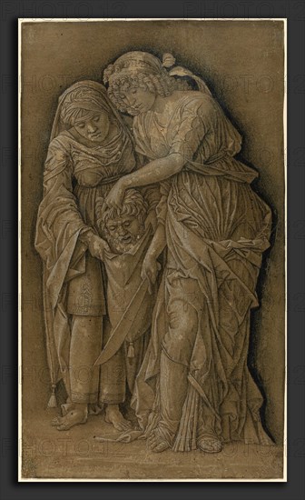 Follower of Andrea Mantegna, Judith with the Head of Holofernes, c. 1480, pen and dark brown ink with black chalk and white heightening on olive-brown prepared paper laid down on canvas