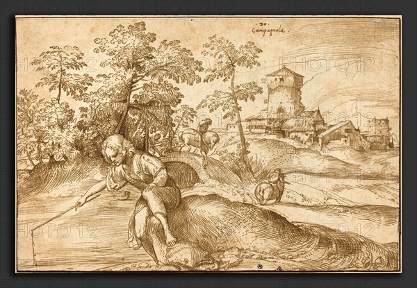 Domenico Campagnola (Italian, before 1500 - 1564), Landscape with a Boy Fishing, c. 1520, pen and brown ink on laid paper