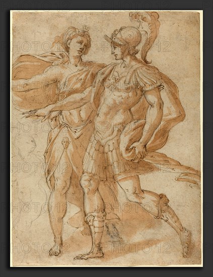 Bertoia (Italian, 1544 - 1573-1574), Mars and Diana [recto], pen and brown ink with brown wash over black chalk