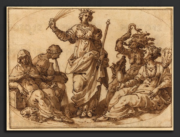 Italian 16th Century, Virtue Triumphing over Vices, 16th century, pen and brown ink with brown wash on laid paper