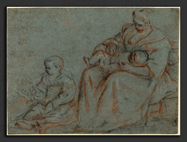 Gerolamo Bassano (Italian, 1566 - 1621), Domestic Scene, red, black, and white chalk on blue-gray paper
