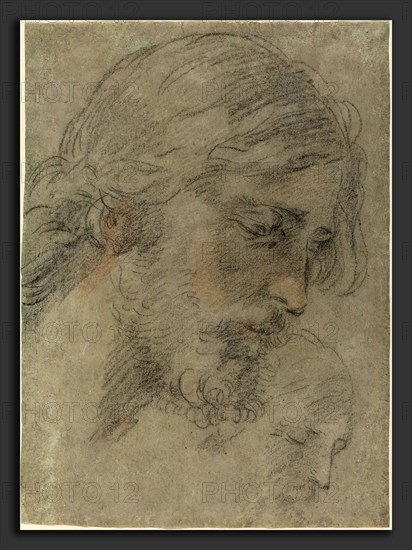 Guido Reni (Italian, 1575 - 1642), The Head of Christ, c. 1623, black, red, and white chalks on gray-green laid paper