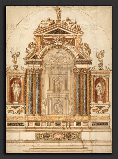 Italian 17th Century, An Elaborate Altar of Colored Marble Ornamented with Sculptures, 1600s, pen and brown ink with brown, red, and ochre washes and gouache on laid paper