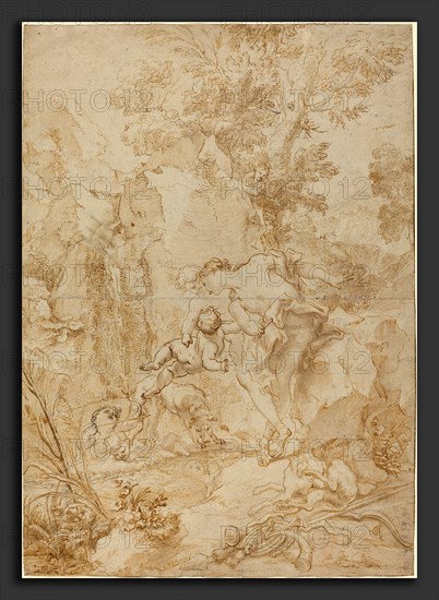 Gregorio de Ferrari (Italian, 1644 - 1726), Echo and Narcissus, pen and brown ink and brown wash over black chalk, partly indented with stylus