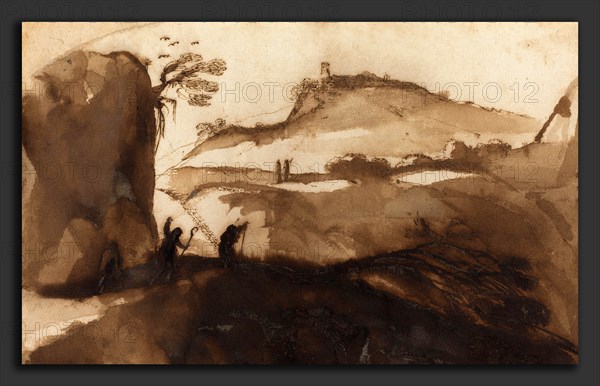Giovanni Francesco Barbieri, called Guercino (Italian, 1591 - 1666), Shepherds Peering into a Chasm, 1620s, pen and brown ink with brown wash on laid paper