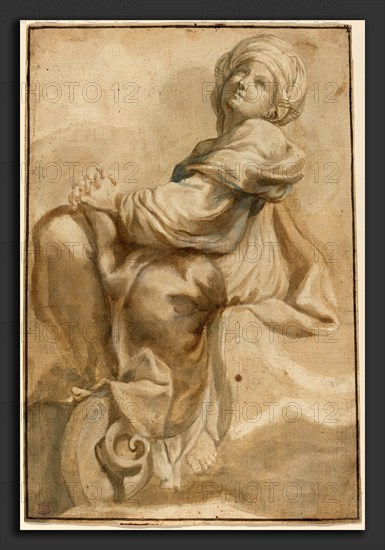 Bartolomeo Guidobono (Italian, 1654 - 1709), Seated Sibyl, brush and brown, blue, and gray ink over black chalk and graphite, heightened with white on laid paper