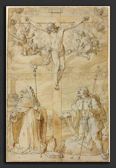 Filippo Bellini (Italian, 1550-1555 - 1604), The Crucifixion with Saints Roch and Augustine, pen and brown ink with brown wash heightened with white over black chalk on laid paper backed with fabric