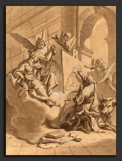 Follower of Francesco Fontebasso, Saint Luke Painting the Virgin, 18th century, pen and brown ink, brush and brown ink, and brown wash, heightened with white, on prepared laid paper