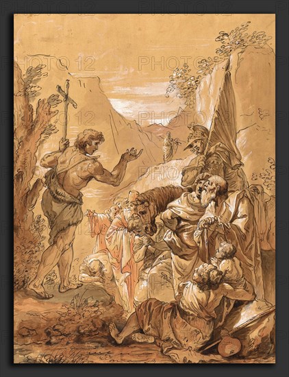 Follower of Francesco Fontebasso, Preaching of John the Baptist in the Wilderness, 18th century, pen and brown ink, brush and brown ink, and brown wash, heightened with white, on prepared laid paper