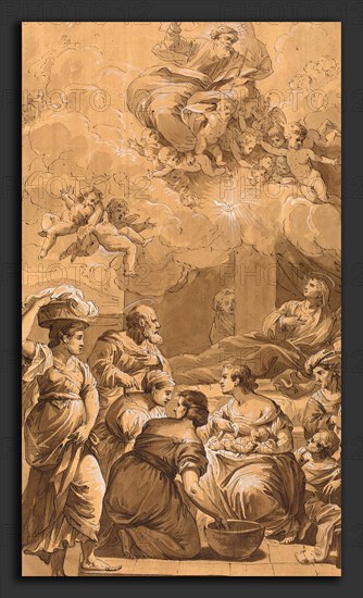 Follower of Francesco Fontebasso, Birth of the Virgin, 18th century, pen and brown ink, brush and brown ink, and brown wash, heightened with white, on prepared laid paper