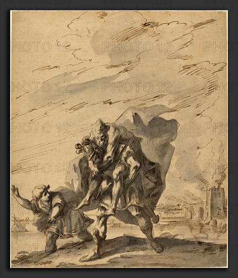 Gaspare Diziani (Italian, 1689 - 1767), Aeneas Carrying Anchises from Burning Troy, c. 1733, pen and brown ink with gray wash on tan laid paper