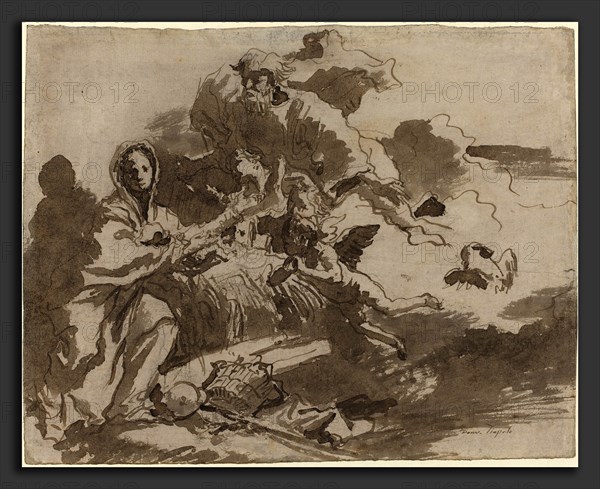 Giovanni Domenico Tiepolo (Italian, 1727 - 1804), God the Father and Angels Adoring the Madonna and Child [recto], 1760s, pen and gray-brown ink with gray-brown wash over graphite on laid paper