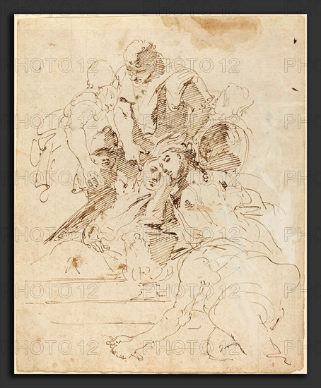 Giovanni Battista Tiepolo (Italian, 1696 - 1770), Classical Figures Gathered around an Urn, 1724-1729, pen and brown ink on laid paper; black chalk sketches of mostly architecture on verso