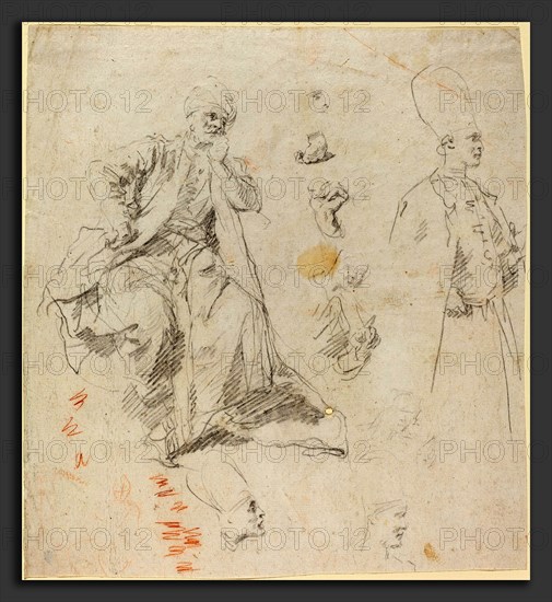 Giovanni Battista Piazzetta (1683 - 1754), Caliph Aladin and His Counselors, late 1730s, black chalk (with extraneous marks in red chalk) on laid paper