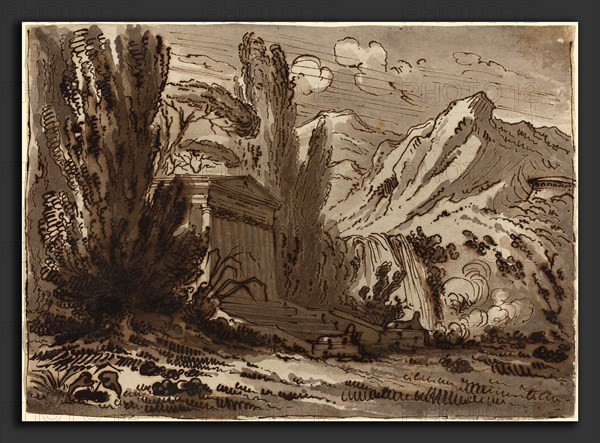 Felice Giani (Italian, 1758 - 1823), Mountainous Landscape with Classical Temple, pen and brown ink with brown wash