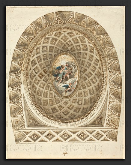 Felice Giani (Italian, 1758 - 1823), A Coffered Dome with Apollo and Phaeton, c. 1787, pen and brown ink with gray, blue,  and pink washes over black chalk on wove paper