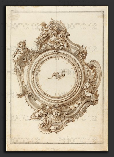 Giovanni Bettati (Italian, 1700 - 1777), A Rococo Clock with Sirens, Putti, Masks, and a Bird of Paradise Pointer, pen and brown ink with brown and gray wash over graphite and black chalk on laid paper