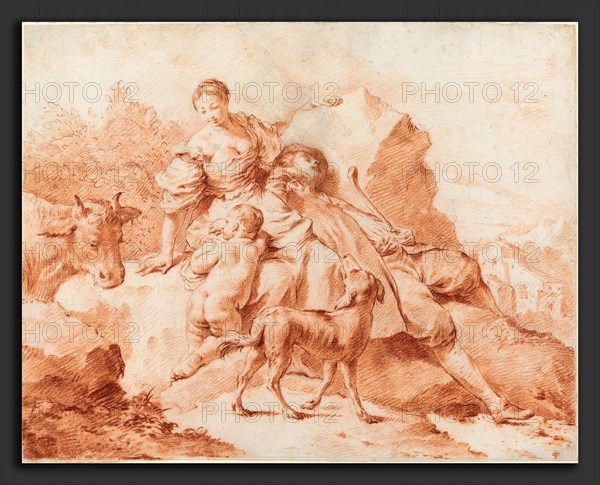 Giovanni Battista Piazzetta (1683 - 1754), A Shepherd Family Resting, 1740s, red chalk over graphite on laid paper
