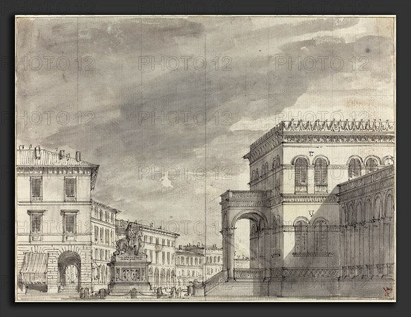 Alessandro Sanquirico (Italian, 1780 - 1849), Piazza with an Equestrian Monument and a Palace, c. 1810, pen and black ink with gray wash over graphite, squared in graphite for transfer, on laid paper