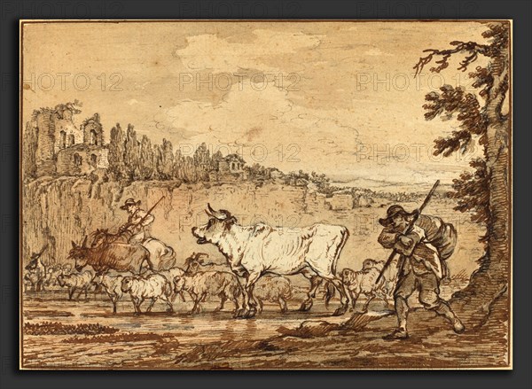 Attributed to Francesco Casanova (Italian, c. 1732-1733 - 1803), Herdsman Crossing a River, pen and brown ink with brown wash over black  chalk on laid paper