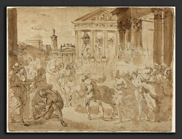 Gaetano Gandolfi (Italian, 1734 - 1802), A Triumphal Procession in Ancient Rome, c. 1780, pen and brown ink with brown wash over graphite and black chalk