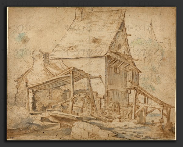 Cornelis Willaerts (Dutch, active 1622 - 1666), An Old Water Mill, pen and brown and black ink with gray and brown wash and blue and green chalk over graphite on laid paper