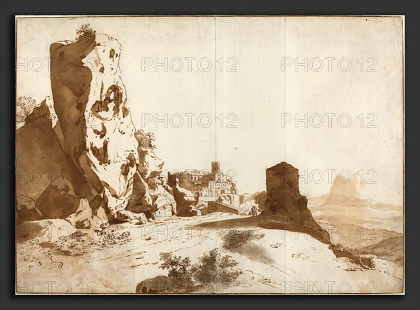 Bartholomeus Breenbergh (Dutch, probably 1599 - 1657), The Fantastic Rocks and Castle at Bomarzo [recto], c. 1625, pen and brown ink with brown and gray wash over black chalk on laid paper