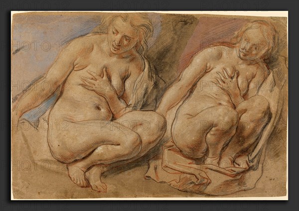 Jacob Jordaens (Flemish, 1593 - 1678), Susannah Crouching, c. 1640-1645, black and red chalk with watercolor, heightened with white