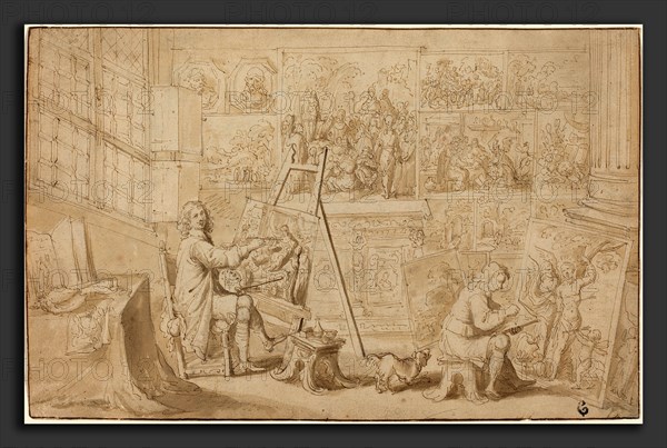 Frans Francken the Younger (Flemish, 1581 - 1642), An Artist's Studio [recto], pen and brown ink with brown wash over black  chalk on laid paper