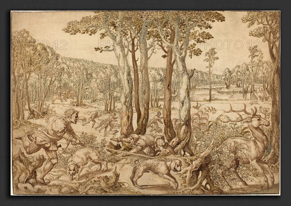 Bernard van Orley (Netherlandish, c. 1488 - 1541), The Hunts of Maximilian: The Stag Hunt (August), 1528-1530, pen and brown ink with brown wash and watercolor over black chalk on laid paper