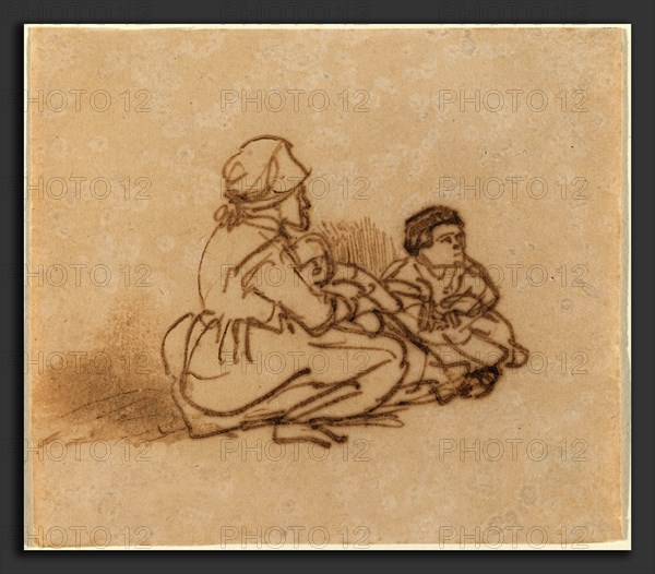 Rembrandt van Rijn (Dutch, 1606 - 1669), Woman Seated on the Ground with Two Children, 1635-1640, pen and brown ink with brown wash on laid paper