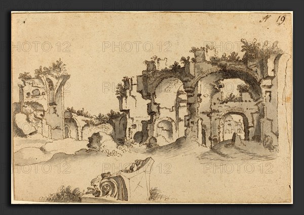 Willem van Nieuwlandt II (Dutch, 1584 - 1635-1636), The Baths of Caracalla, Rome, pen and brown ink with gray wash on laid paper