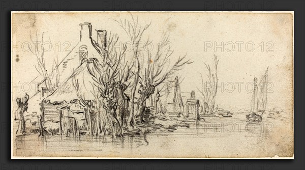 Jan van Goyen (Dutch, 1596 - 1656), Cottages by a River, c. 1627-1629, black chalk with touches of graphite on laid paper