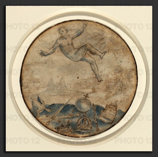 Flemish 17th Century, Man Falling from the Sky, pen and brown ink with blue wash and touches of black ink, incised for transfer, on laid paper