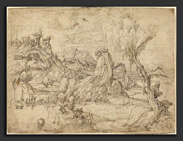 Attributed to Pieter Cornelisz Kunst (Netherlandish, c. 1489-1490 - 1560-1561), Landscape with the Baptism of Christ, c. 1530, pen and brown ink on laid paper