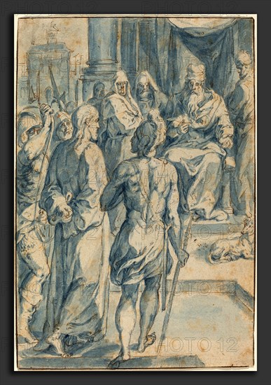 Crispen van den Broecke (Netherlandish, 1524 - 1591), Christ before Caiaphas, pen and brown ink with blue wash, indented with stylus
