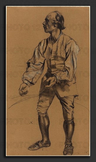 Adolph Menzel (German, 1815 - 1905), Richard Menzel Posing in Eighteenth-Century Costume, 1854, graphite with stumping, heightened with yellow, on brown laid paper