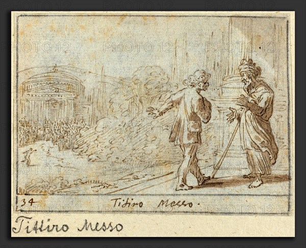 Johann Wilhelm Baur (German, 1607 - 1641), Titiro and Messo, 1640, pen and brown ink with brown wash on laid paper