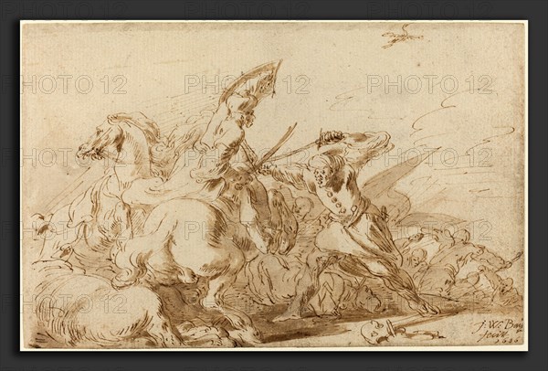 Johann Wilhelm Baur (German, 1607 - 1641), A Battle between Oriental Cavalry and Soldiers, 1636, pen and brown ink and wash on laid paper