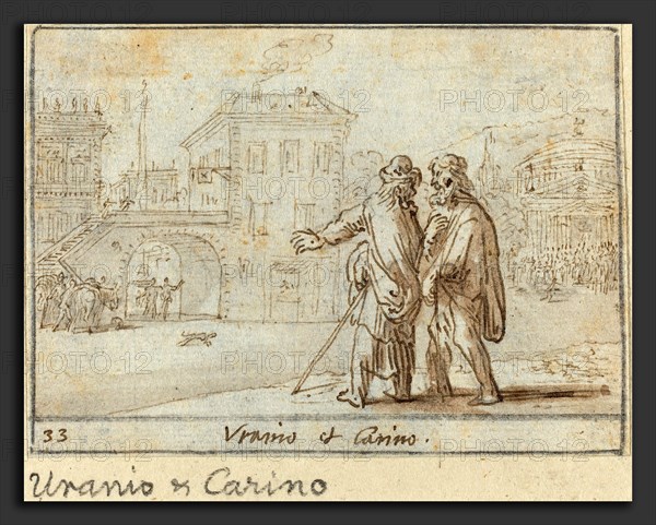 Johann Wilhelm Baur (German, 1607 - 1641), Uranio and Carino, 1640, pen and brown ink with brown wash on laid paper