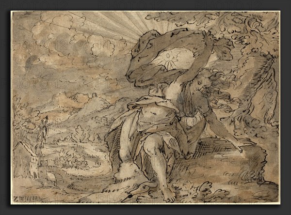 German 17th Century, Allegorical Female Figure in a Landscape [recto], c. 1600, pen and brown ink with gray and brown wash