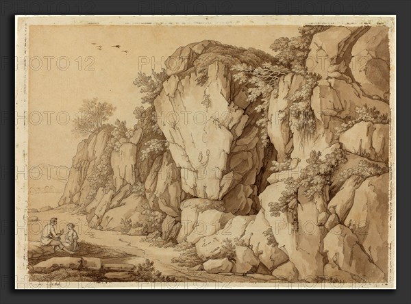 Johann August Nahl II (German, 1752 - 1825), A Young Couple Seated near a Massive Rock Formation, pen and brown ink with brown wash over graphite on laid paper