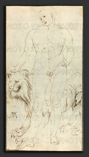 Albrecht DÃ¼rer (German, 1471 - 1528), Male Nude with a Lion, c. 1500, pen and brown ink on laid paper