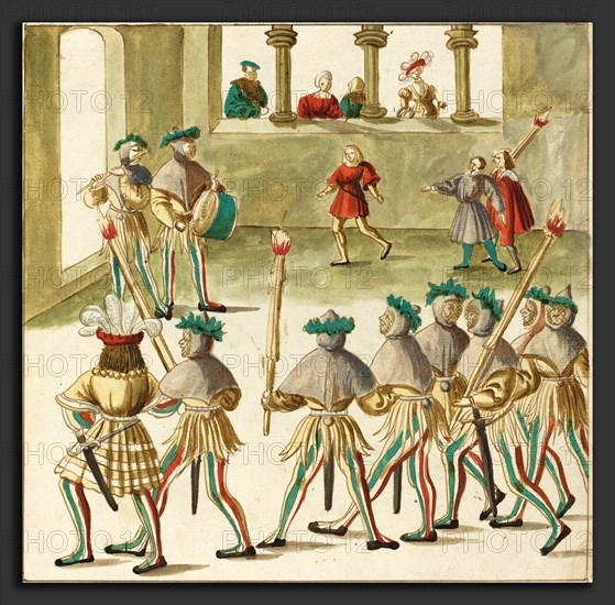 German 16th Century, Masquerade, c. 1515, pen and brown ink with watercolor on laid paper