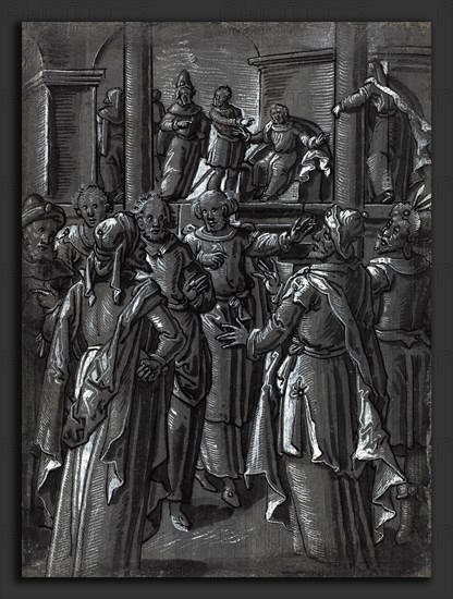 German 16th Century, The High Priest before Pilate, c. 1600, pen and brush and black ink with gray wash heightened with white on gray prepared paper
