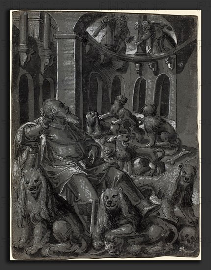 German 16th Century, Daniel in the Lions' Den [recto], c. 1600, pen and black ink with brush and gray ink and graywash heightened with white on gray prepared paper