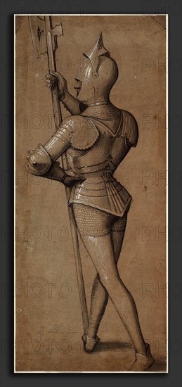 Swabian School, Study of a Knight in Armor, Holding a Halberd, c. 1500, pen and brown and black ink, point of the brush and black ink, and gray wash, heightened with white
