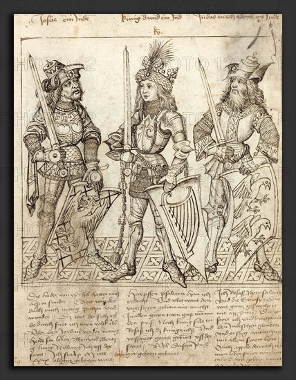 Primary Master of the Strassburg Chronicle (German, active 1480s and 1490s), Joshua, King David and Judas Maccabeus, 1492, pen and black ink over traces of black chalk